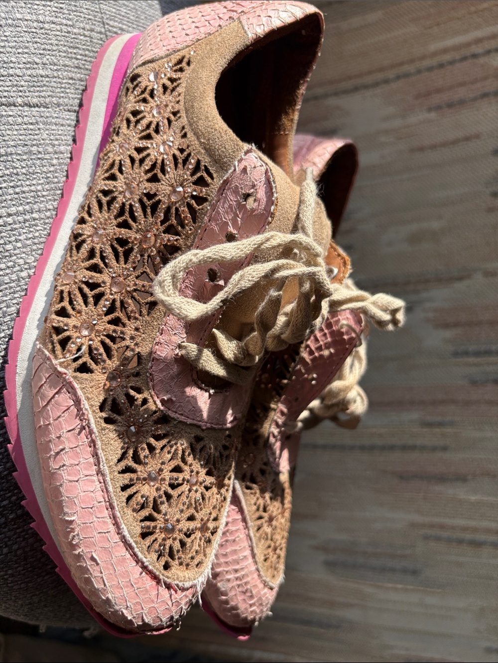 La Femme Pink and Tan Crochet Lace Sneakers